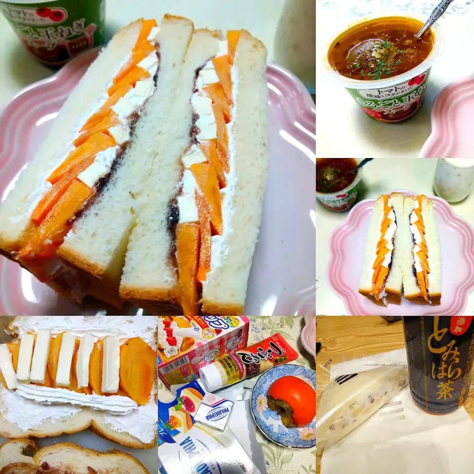 柿とあんこホイップクリームチーズのスイーツサンド、玉ねぎまるごとスープ|うたかた。さん