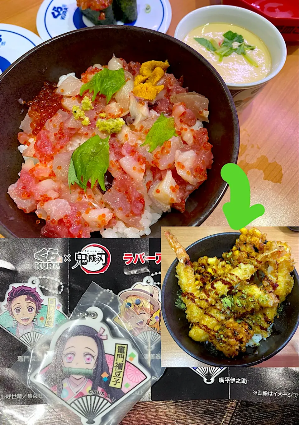 Snapdishの料理写真:くらランチ海鮮丼⇨天丼⇨ビッくらポン禰󠄀豆子当たり|すくらんぶるえっぐさん