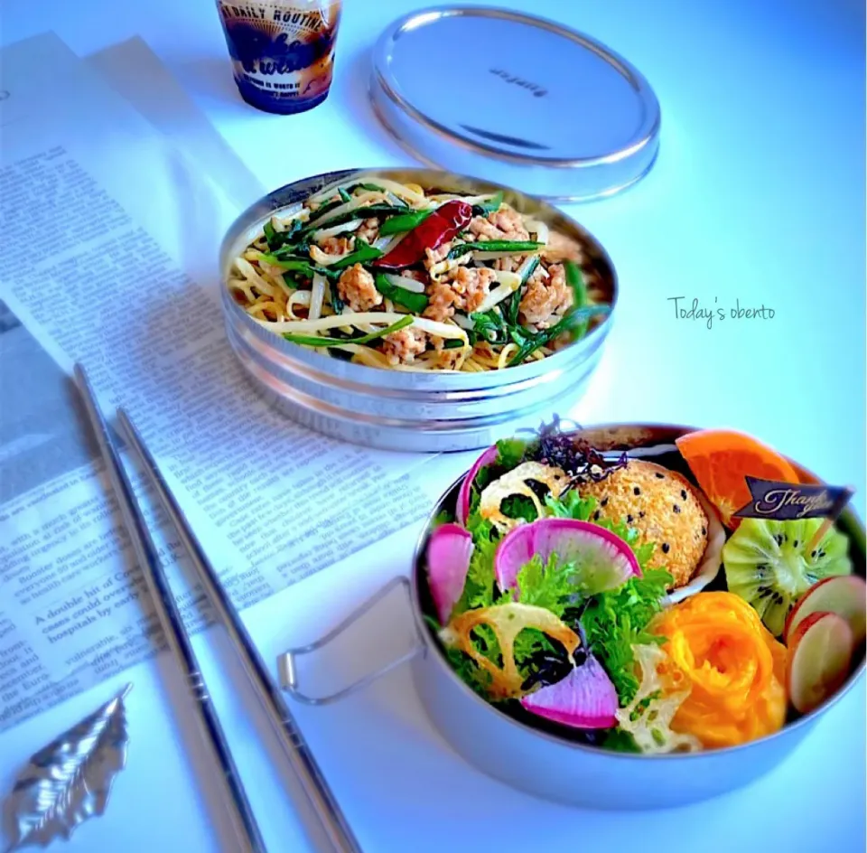 台湾焼きそば🥢さつまいもコロッケ🍠くるくる卵焼き🥚🌹台湾スイーツ豆花　弁当🍱|Naoさん