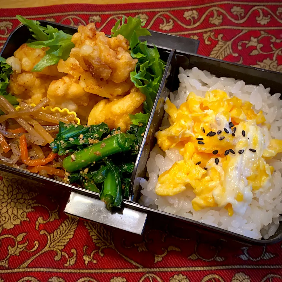 鶏天と、きんぴら牛蒡と、小松菜の胡麻和えと、玉子のせご飯弁当|もえさん