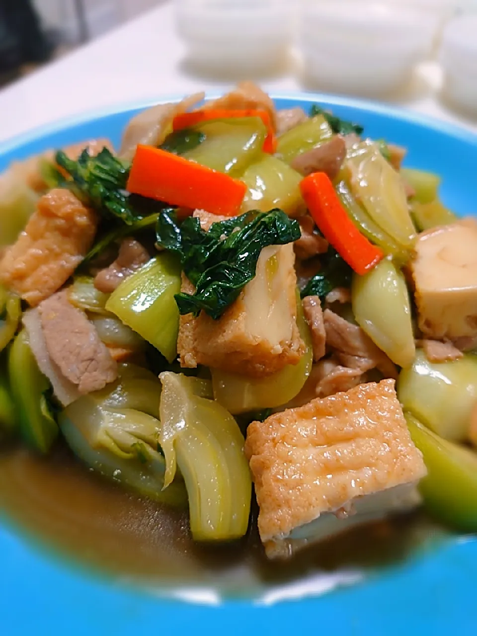 青梗菜と豚肉と厚揚げのオイスター旨煮。|闇夜の狸さん