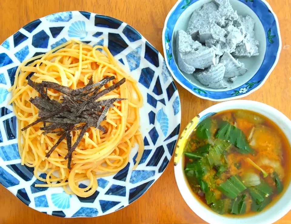 １１月２４日　たらこパスタ　黒ごまよせ豆腐　チンゲン菜とわかめのお味噌汁|いもこ。さん