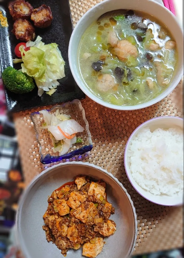 Snapdishの料理写真:麻婆豆腐、鶏肉団子春雨スープで夕ご飯🍴|ポチさん