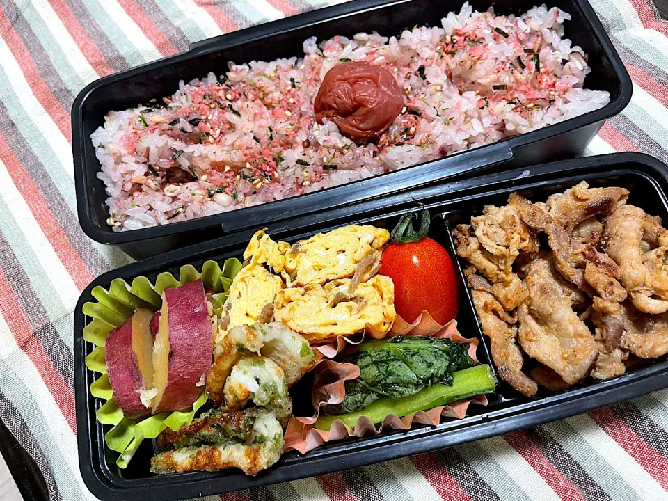 お弁当★豚肉のみそ炒め、なめたけ卵、小松菜のからし漬け、ちくわの磯部揚げ、さつまいもの甘露煮|ハルさん