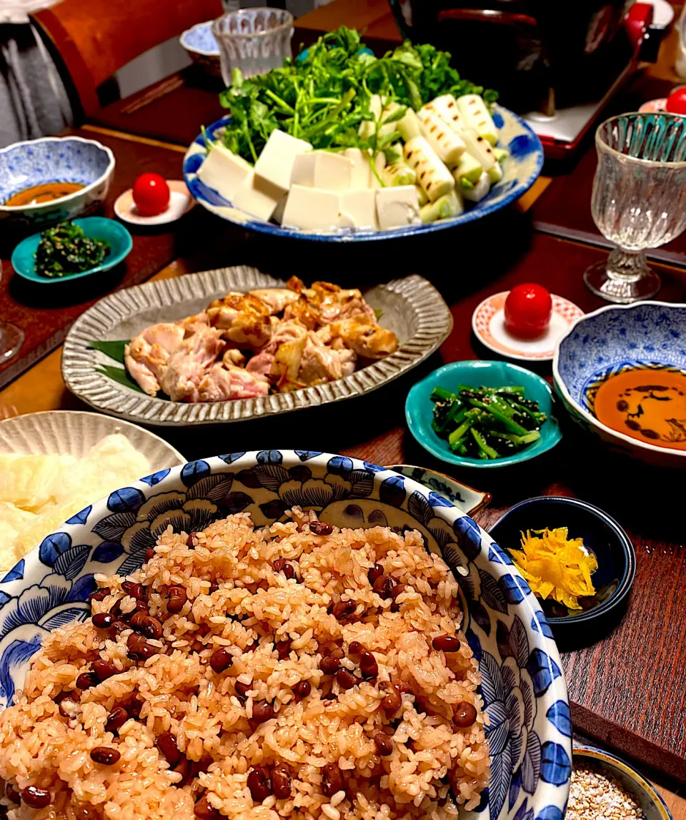 焼きネギと鶏肉、芹のおろし鍋　お赤飯|junjun86さん