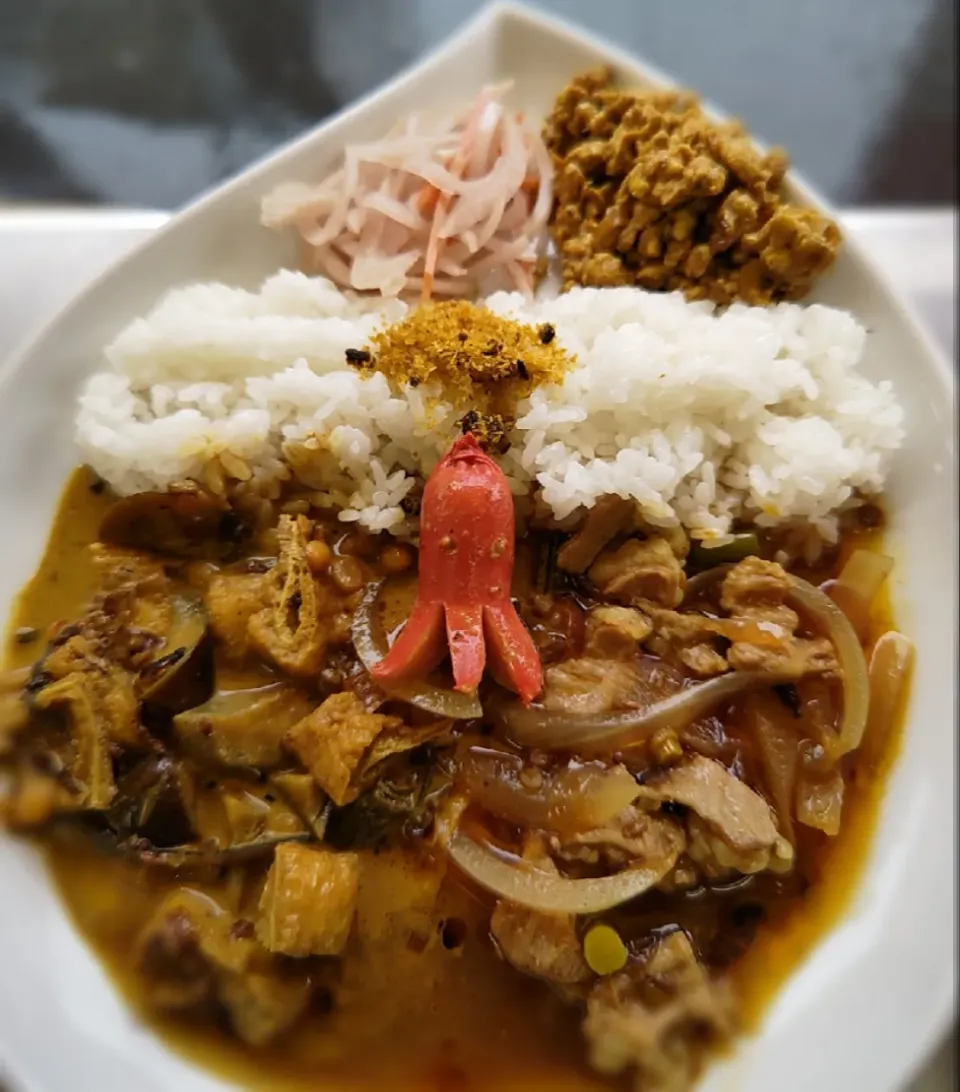 ごま油香るホルモンカレー＋ナスとうすあげのミックスダルカレーのあいがけカレーwithタコさんウィンナー🐙|ふじわらたくやさん