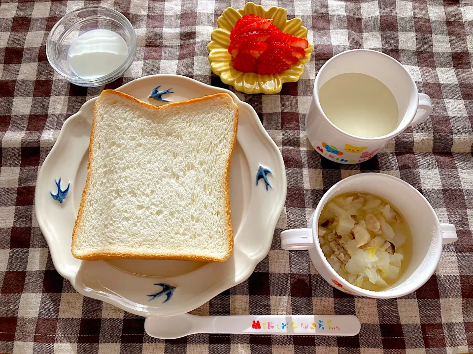 【離乳食】鶏肉とかぶと白菜のスープ、食パン、いちご、ミルク、牛乳|sayaさん