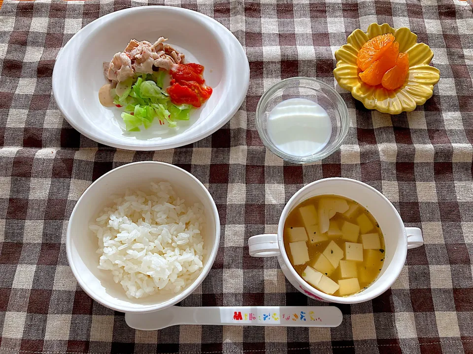 【離乳食】豚しゃぶ温野菜、豆腐のお味噌汁、ごはん、みかん、牛乳|sayaさん