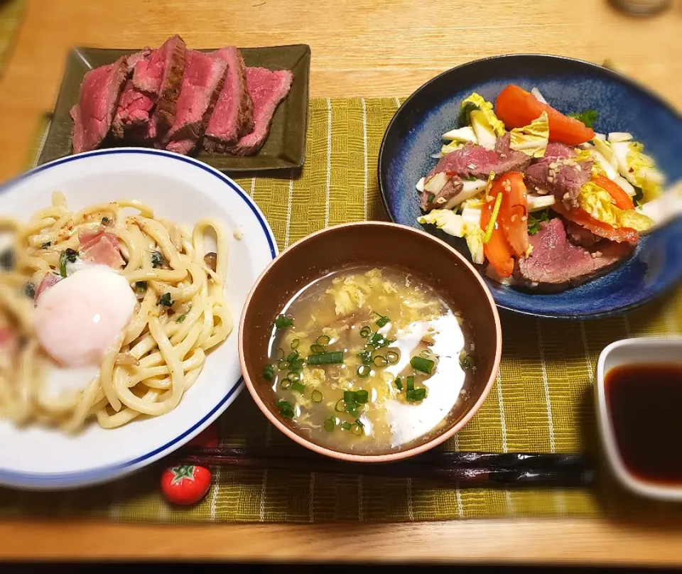 牛のたたきと白菜のサラダ、カルボナーラ風うどん、大根おろしスープ|halさん