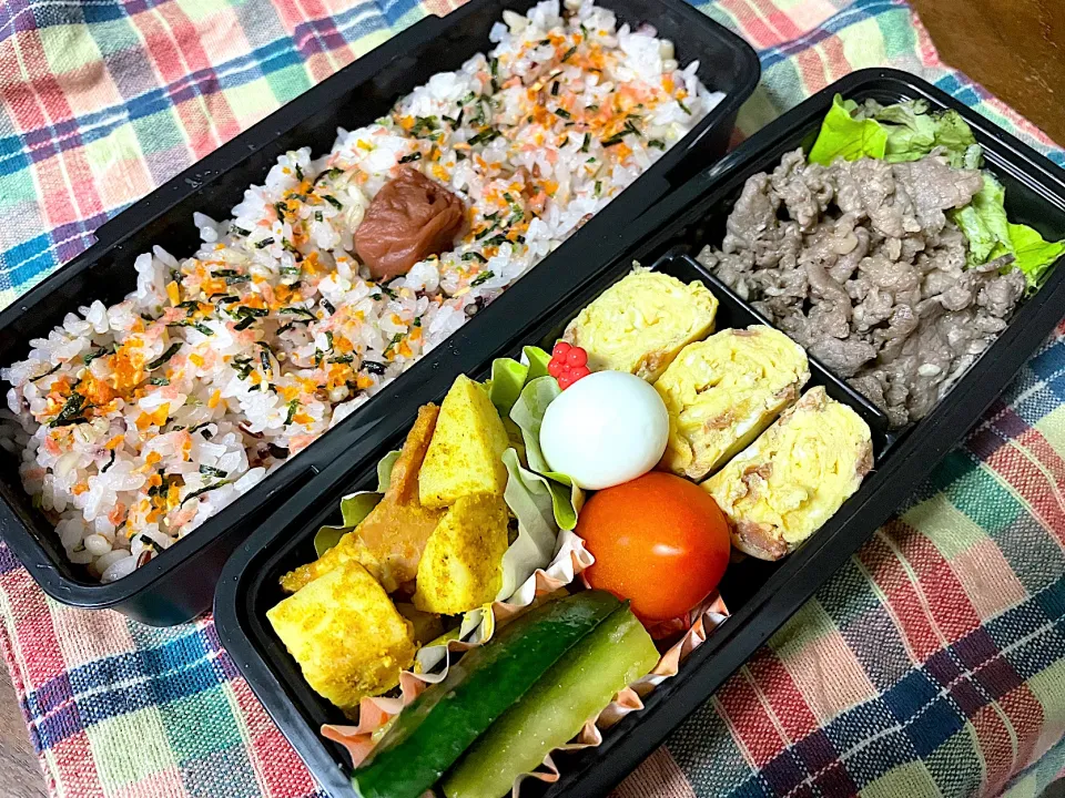 お弁当★牛肉の塩麹焼き、梅おかか卵、きゅうりのめんつゆ生姜漬け、じゃがいもとベーコンのカレー煮|ハルさん