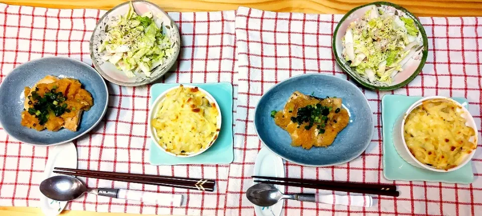 めかじきのおろしダレ
とりと長ネギの味噌グラタン
白菜サラダ|ひろゴーヤさん