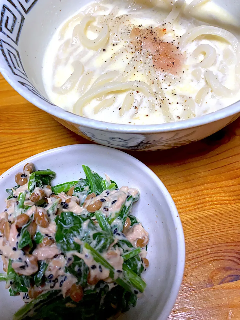 明太クリームうどん、ほうれん草とツナの納豆和え|kaaaaaさん