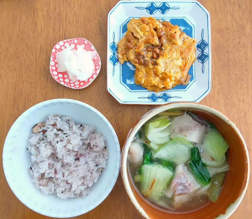 １１月２７日　鱈とチンゲン菜のスープ煮　納豆オムレツ　糖しぼり大根|いもこ。さん