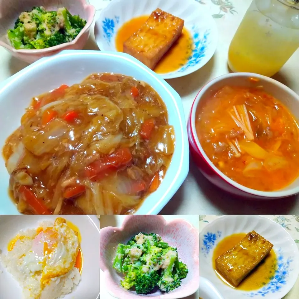 週末の節約晩ごはん🌕🍽ツナと白菜の中華丼、キムチ鍋風スープ、ブロッコリーの明太マヨ和え、厚揚げの甘辛煮、ゆずサワー|うたかた。さん