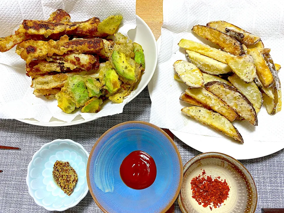 ちくわの磯辺揚げ、アボカドの磯辺揚げ🥑、北海こがねのポテトフライ🥔|1614さん