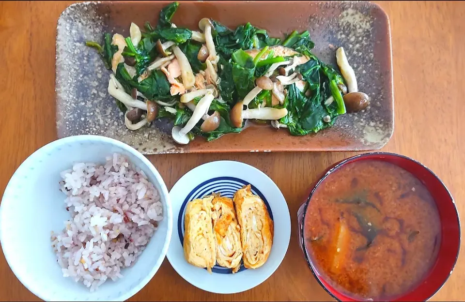 Snapdishの料理写真:１２月５日　鮭とほうれん草の蒸し煮　だし巻き卵　山芋とわかめのお味噌汁|いもこ。さん