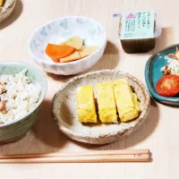 Snapdishの料理写真:ひじきごはん
卵焼き
切干大根のサラダ
漬物
もずく酢|snowcrystalさん