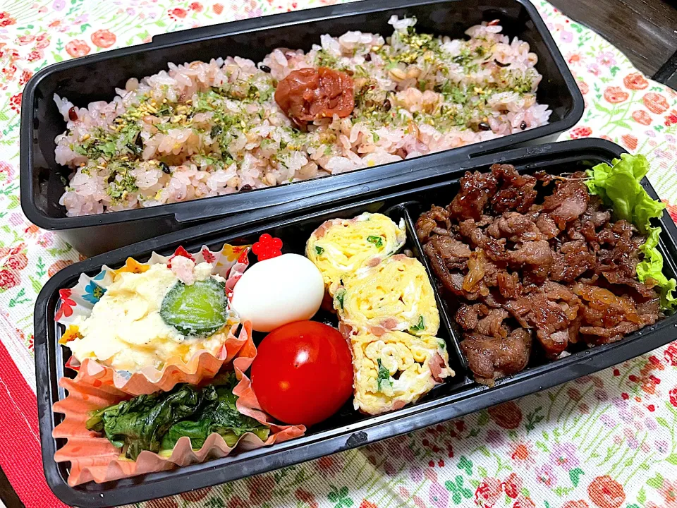 お弁当★牛肉のしぐれ煮、紅生姜ネギ卵、小松菜のからし漬け、ポテトサラダ|ハルさん