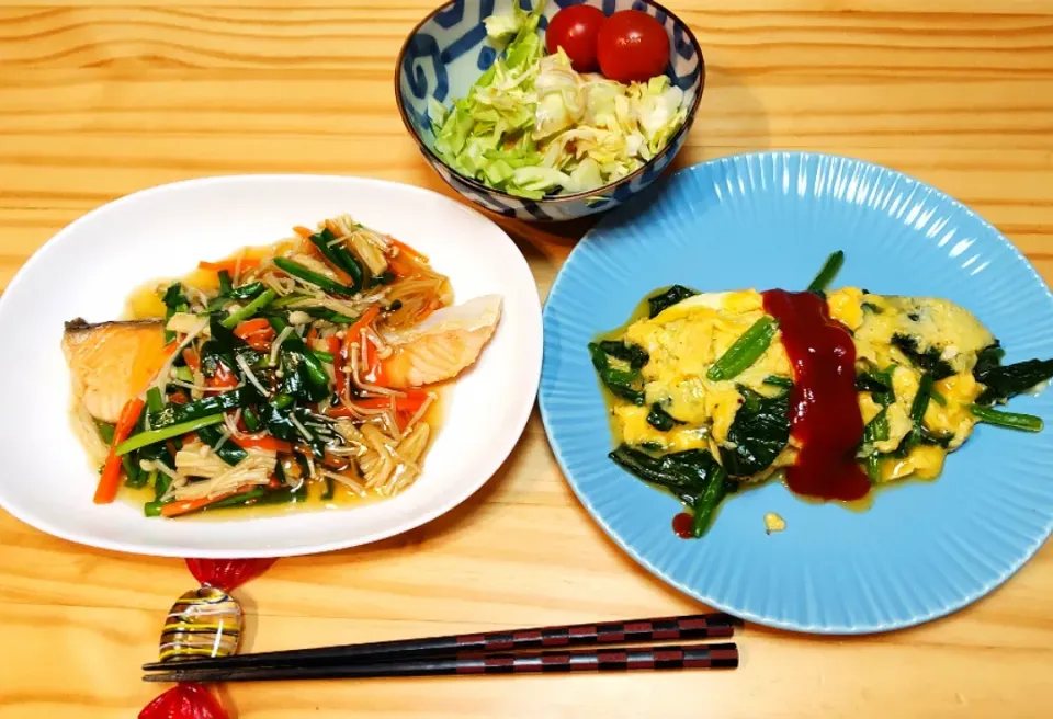 鮭の中華野菜あんかけ
ほうれん草オムレツ
サラダ|ひろゴーヤさん