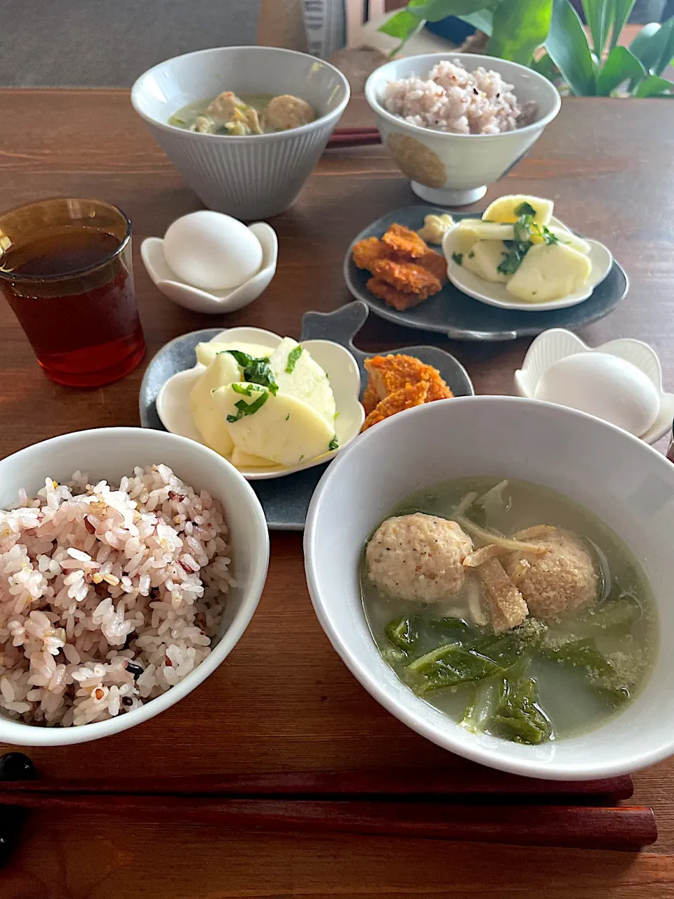 つくねと白菜の豆乳汁、りんごと大葉のサラダ、がんす、ゆでたまご|ＭＡＲＵＥ家の食卓さん