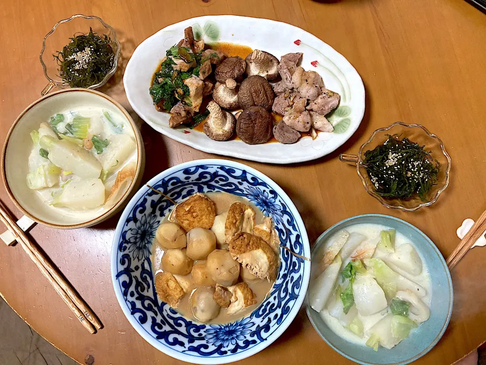 いきさん豚サイコロステーキ🐽(岩塩のみ・青紫蘇にんにく醤油味)♡焼き椎茸♡蕪の豆乳スープ♡サラダひじき♡里芋と厚揚げの煮物|さくたえさん