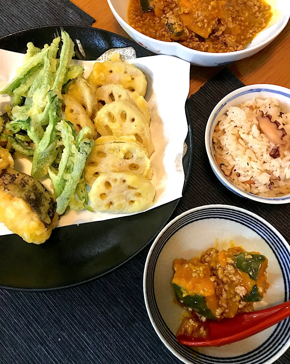 南瓜のそぼろ煮、野菜と鱸の天ぷら、タコ飯|sobacoさん