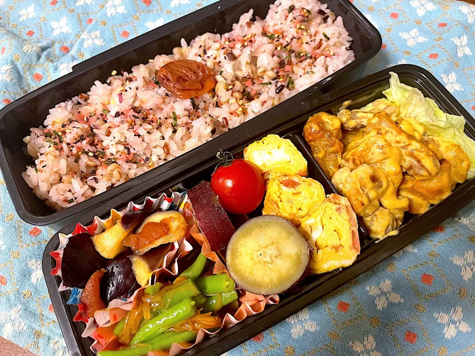 お弁当★みそマヨチキン、紅生姜卵、なすの梅ぽん和え、さつまいもの甘露煮、いんげんのなめたけ和え|ハルさん