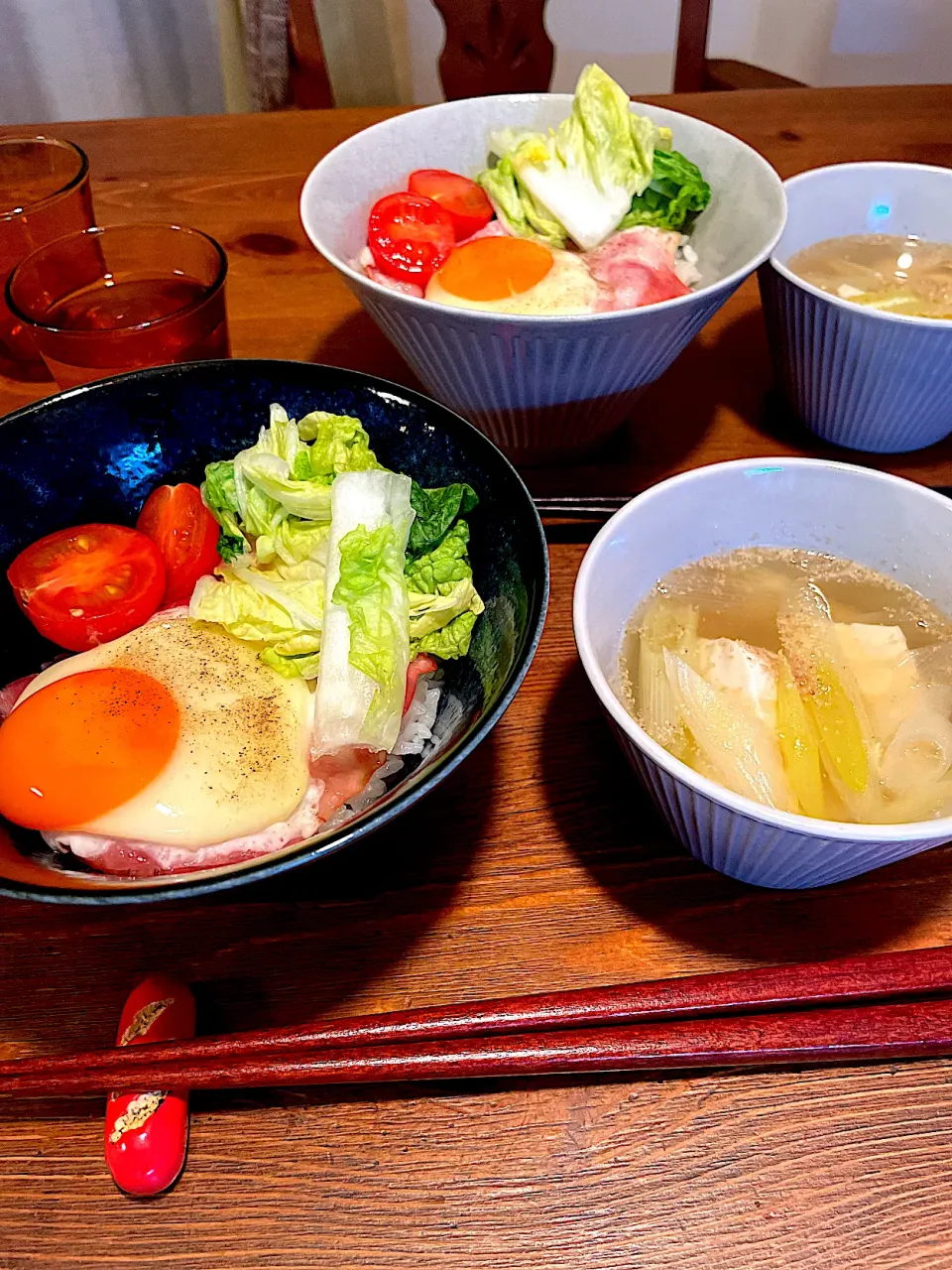 ベーコンエッグ丼、ネギとお豆腐のお味噌汁|ＭＡＲＵＥ家の食卓さん