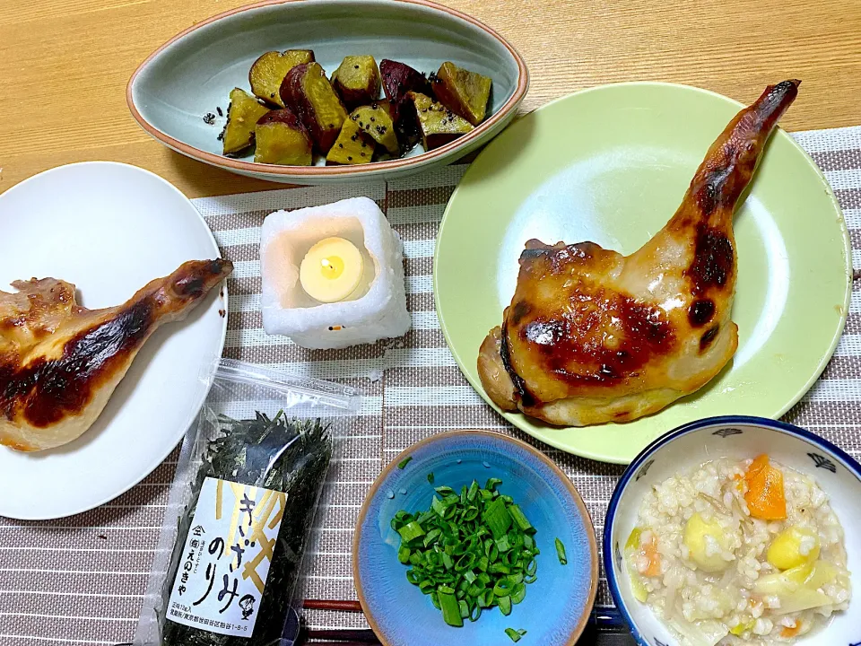 クリスマスチキン🍗、祖父のさつまいもで大学芋🍠、牛テールスープ鍋おじや🍲|1614さん