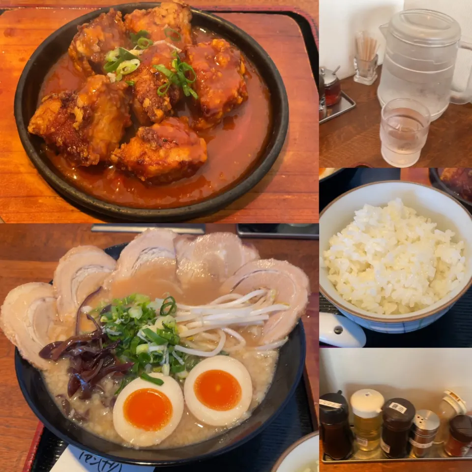 Snapdishの料理写真:チャーシュー豚骨ラーメン🍜　チリソース唐揚げ　ご飯🍚|るみおんさん