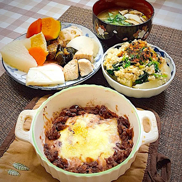 今日のお昼ごはん★小豆のもっチーズ焼き　ヤーコンとほうれん草の醤油麹サラダ|riko30294さん