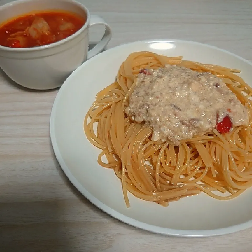 Snapdishの料理写真:豆腐ツナパスタと脂肪燃焼スープ|無限さん