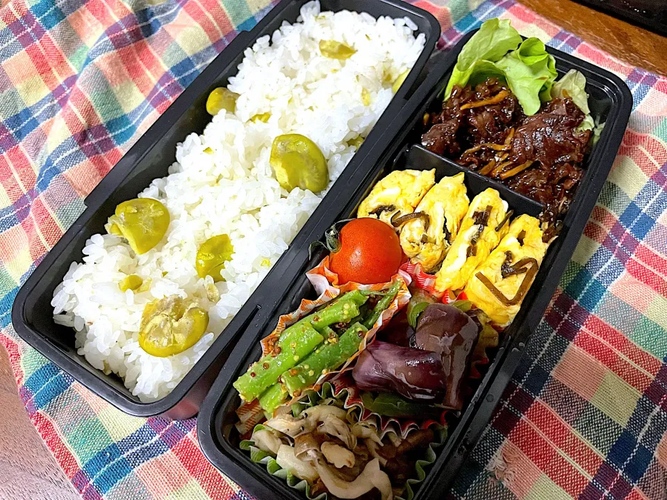 Snapdishの料理写真:お弁当★牛肉しぐれ煮、塩昆布卵、いんげんの粒マスタード和え、なすとピーマンのポン酢絡め、しめじのおかか煮、そら豆ごはん|ハルさん