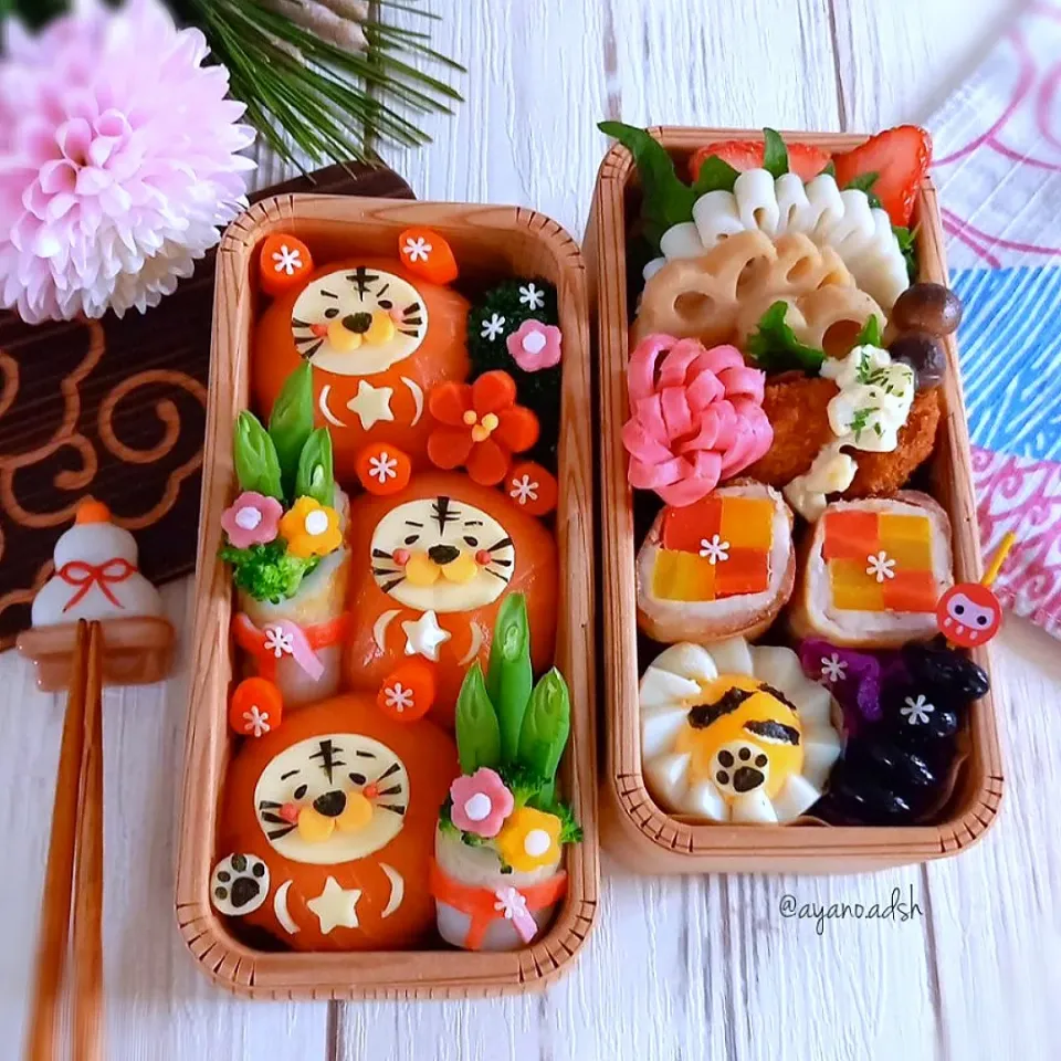 だるまさんに扮したトラさん🐯弁当
🐯サーモン握り飯&門松🎍|ayano.adshさん