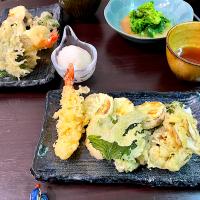 海老・さつまいも・大葉・舞茸の天ぷら、菜の花のからし和え