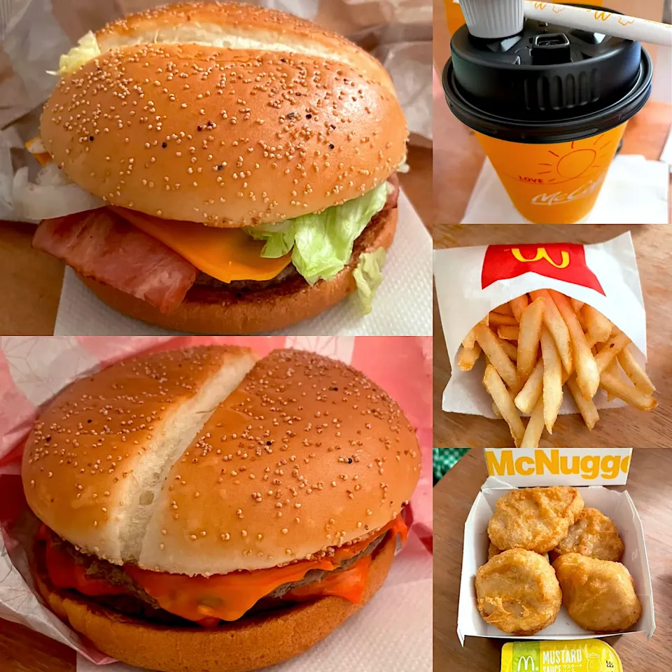 Snapdishの料理写真:新サムライマック　　燻製風マヨトリプルベーコン肉厚ビーフバーガー🍔🥓　　旨辛ダブル肉厚ビーフバーガー🍔　　ポテト🍟S  ナゲット5マスタード　ホットコーヒー☕️|るみおんさん