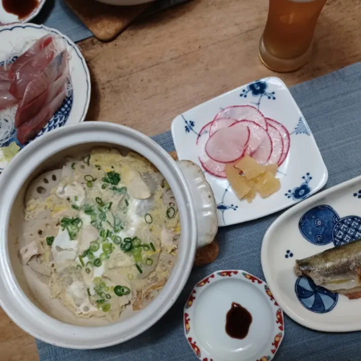 蓮根と鶏胸肉の卵とじ、カマスの塩焼き、ふくらぎの刺身など|ぱいんてーるさん