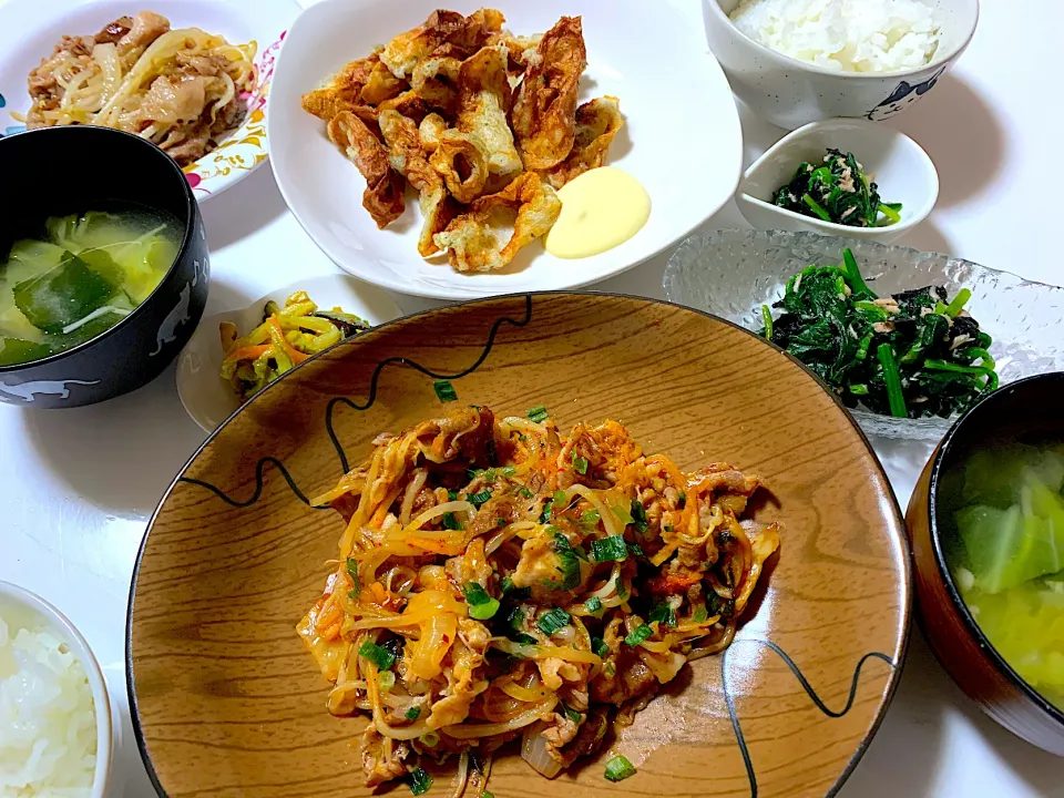 豚キムチ炒め　ちくわの磯辺揚げ　ほうれん草の海苔和え|ゆさん