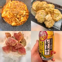 Snapdishの料理写真:麻婆豆腐、ホタテのガリバタ、紅芯大根の唐揚げ|ピロ式さん