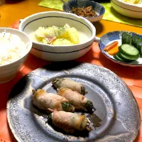 豚ロースの梅しそ巻きの晩ごはん