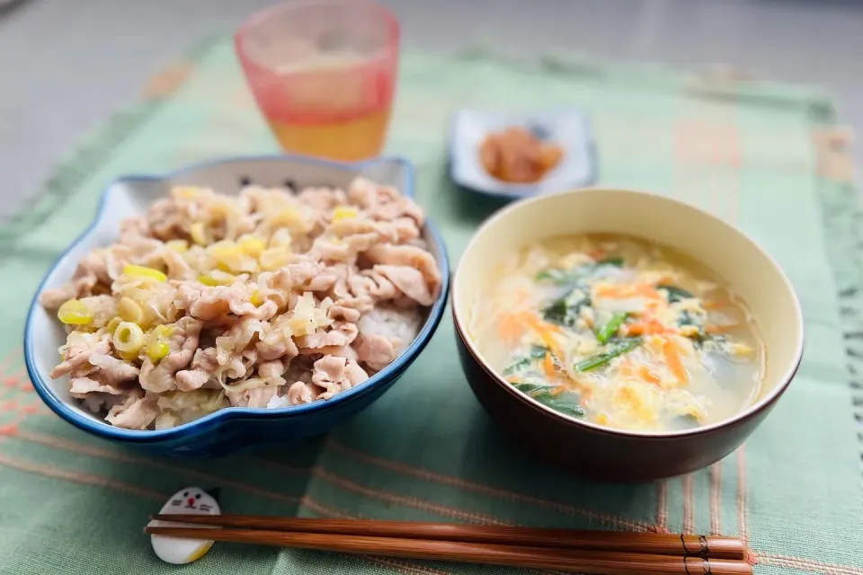 「ネギ塩豚丼＆中華野菜スープ」|バシュランさん