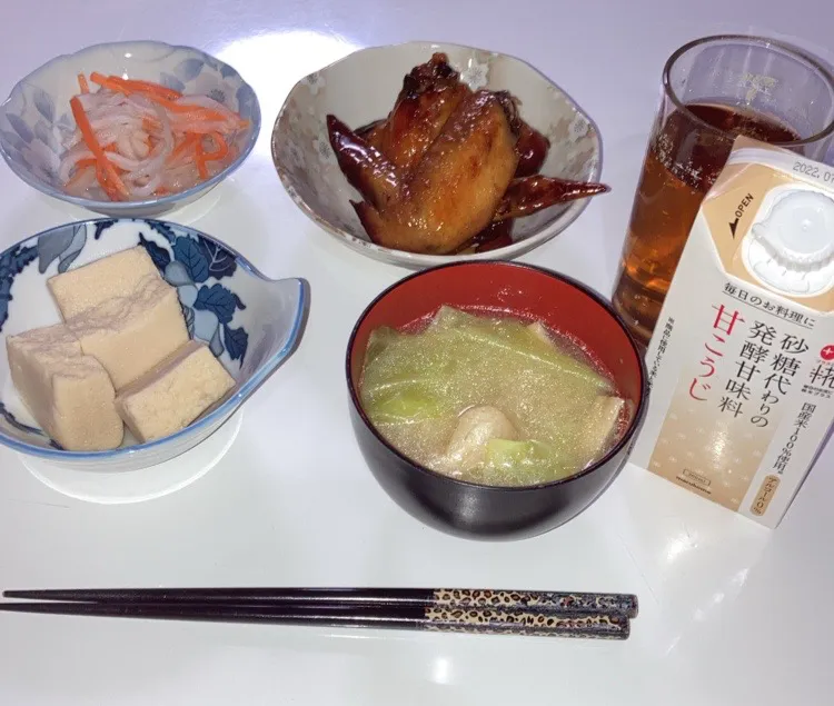 Snapdishの料理写真:晩御飯(^^)🌟手羽先の照り焼き🌟高野豆腐炊いたん🌟なます🌟みそ汁（キャベツ、大根、揚げ）当選品の甘麹使ってみました。ほんのり優しい甘さ。|Saharaさん