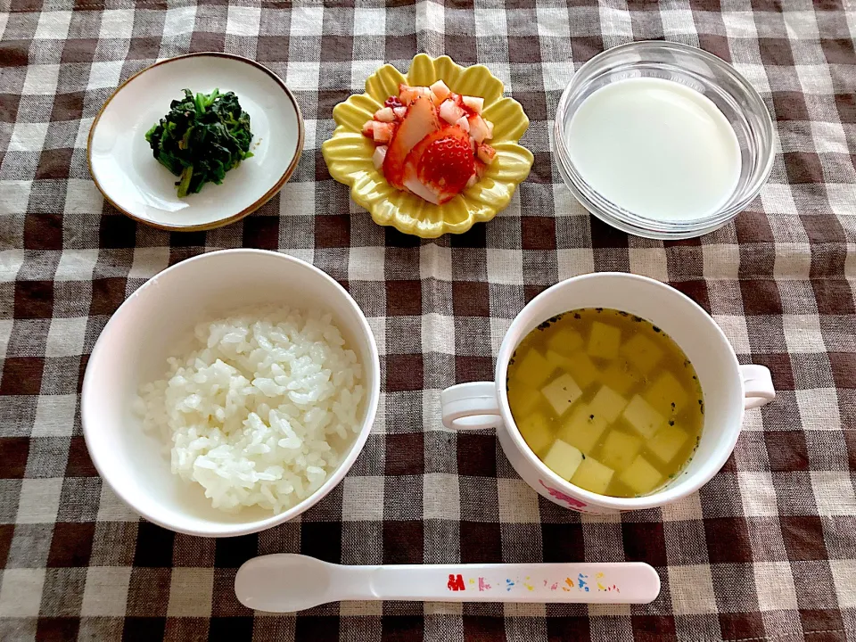 【離乳食】豆腐のお味噌汁、ごはん、ほうれん草のおかか和え、いちご、牛乳|sayaさん