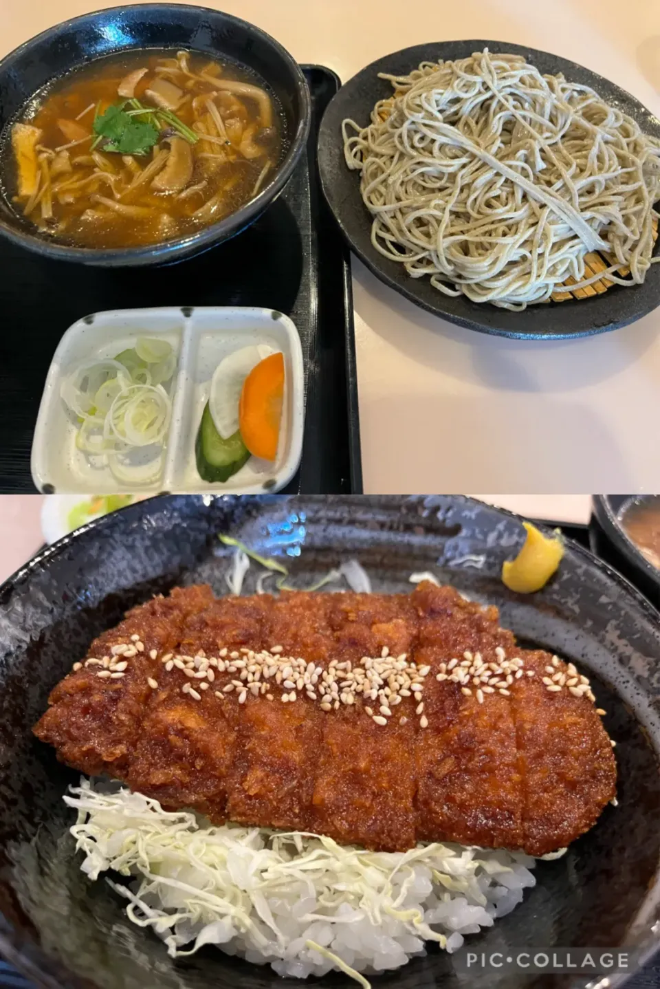 Snapdishの料理写真:ランチは、キノコ汁蕎麦と染みソースカツ丼のセットを@田治　五反田。キノコ汁、本当に美味。染みソースカツは言うまでもなく、染みているのにカリカリ、サクサク。美味しくいただきました。|sniper66さん