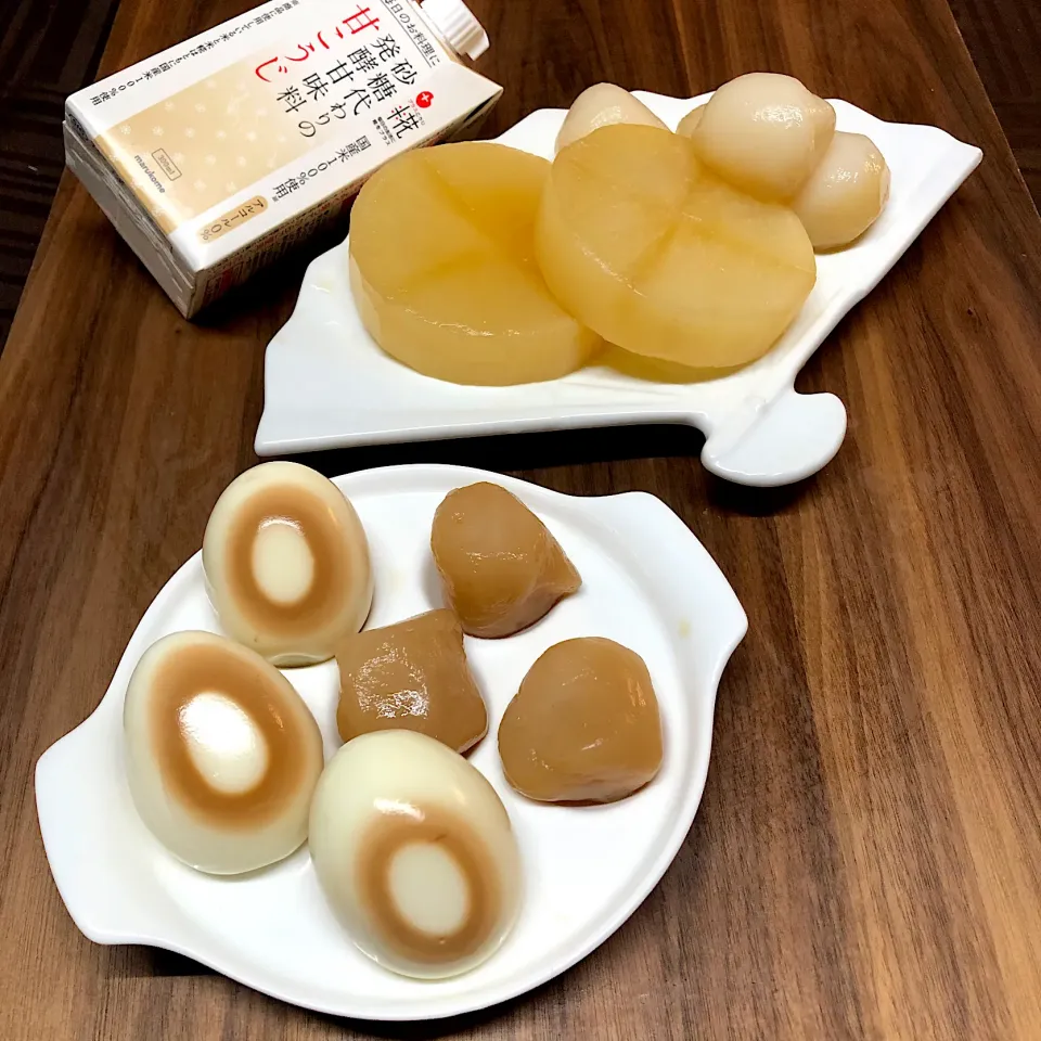 Snapdishの料理写真:大根＊蒟蒻＊卵🥚甘こうじ麺つゆ煮＊|henryさん