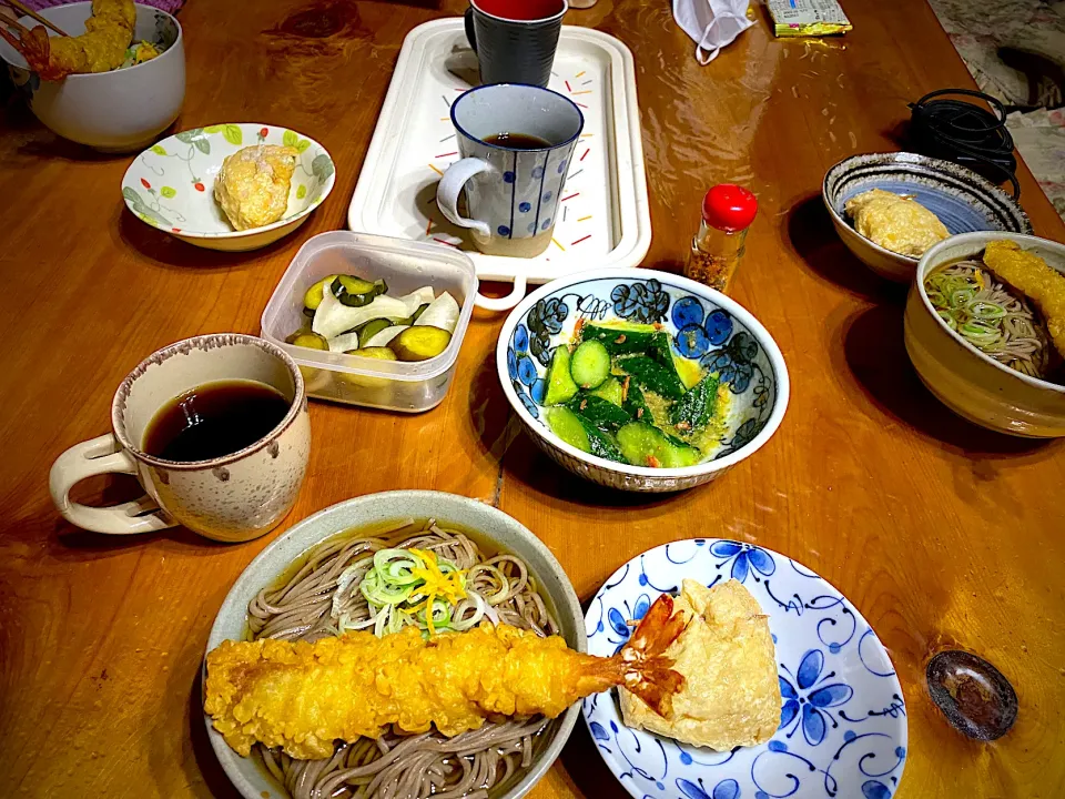 海老天そば🦐　キュウリの和物　キュウリの漬物　卵巾着煮|ch＊K*∀o(^^*)♪さん