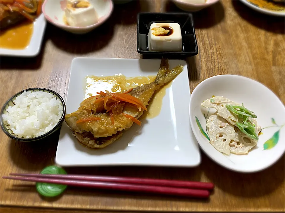 鯵の南蛮漬け・蓮根サラダ・もやしナムル・冷奴・味噌汁・ご飯|ちびろ菌さん