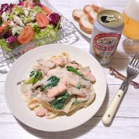 鮭とエリンギ、小松菜のクリームパスタ