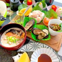 手巻き寿司と焼き鮭粕汁