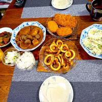イカ唐揚げ、豚カツ、コロッケ、大根と蒟蒻と揚げの味噌煮、ポテトサラダ、常備菜、漬物